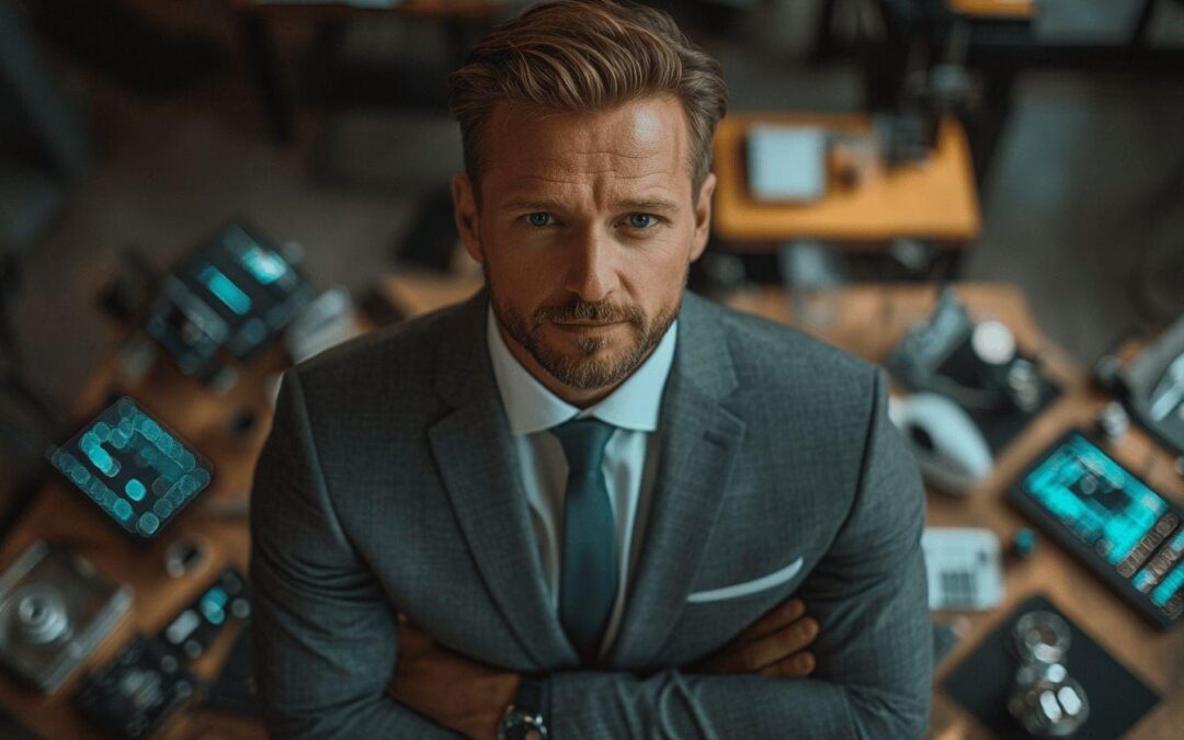 Homme d'affaires en costume gris entouré d'équipements technologiques