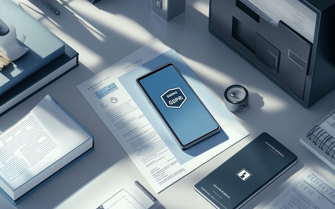 Bureau moderne avec documents et smartphone illustrant la protection des données