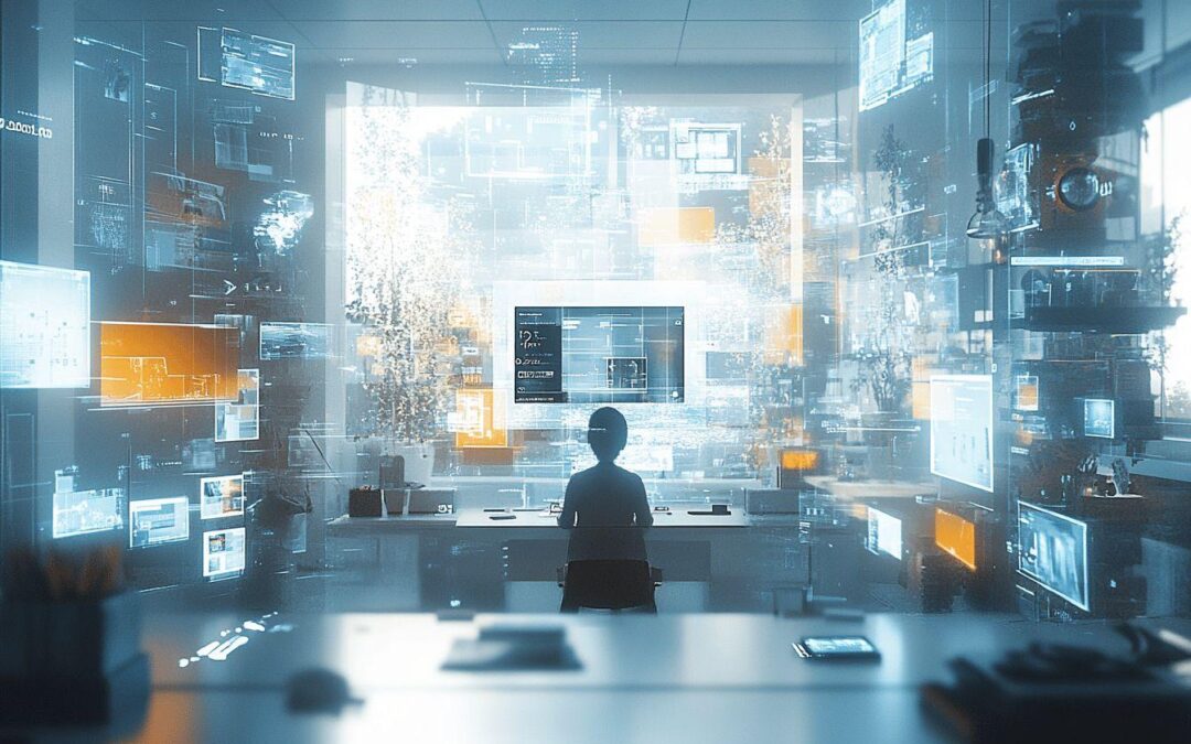 Silhouette devant des écrans virtuels technologiques flottants