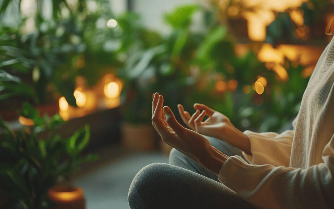 Personne méditant entourée de plantes et de bougies douces