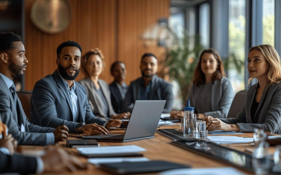Équipe corporate à la table de conférence avec ordinateur portable