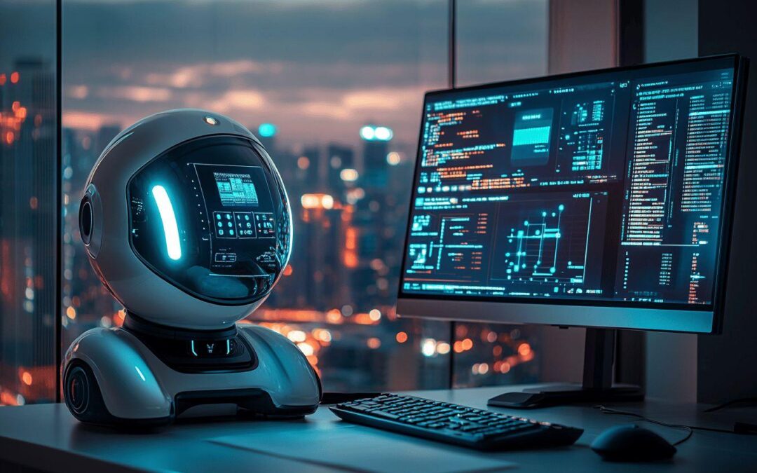 Robot sphérique lumineux près d'un écran d'ordinateur hightech