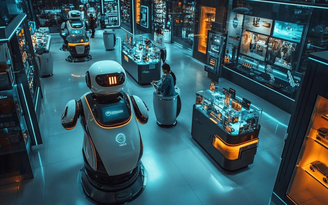Robots autonomes dans un environnement technologique high-tech bleu et orange