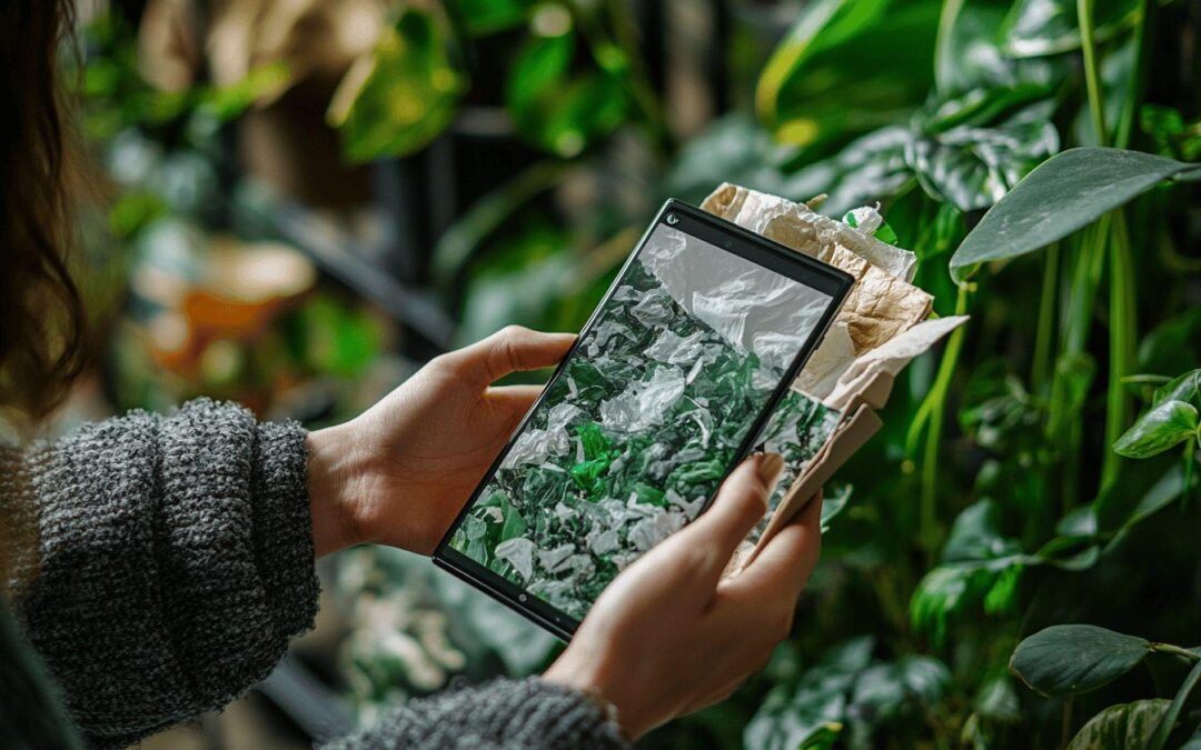 Main tenant une tablette montrant des feuilles vertes froissées