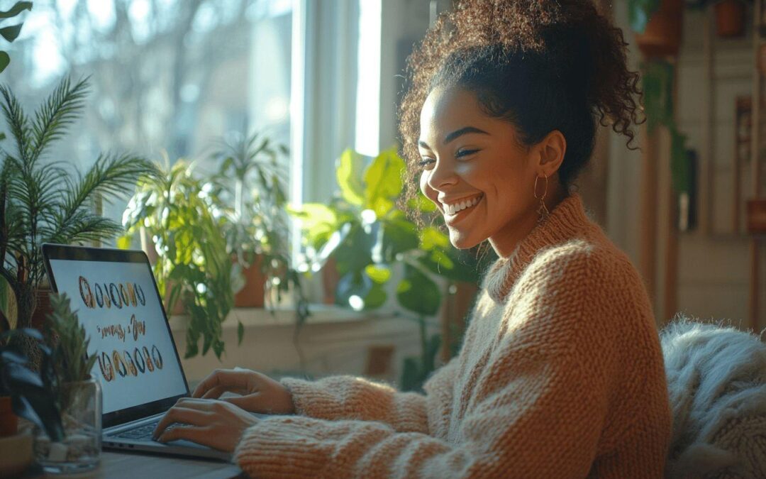 Femme souriante travaillant sur un ordinateur portable près de végétaux