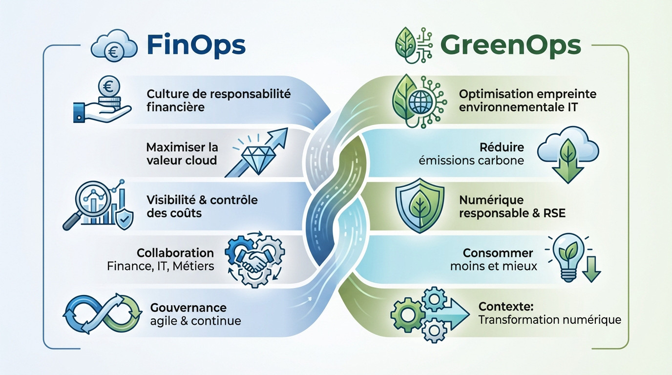 Infographie sur les synergies entre FinOps et GreenOps pour l'optimisation cloud