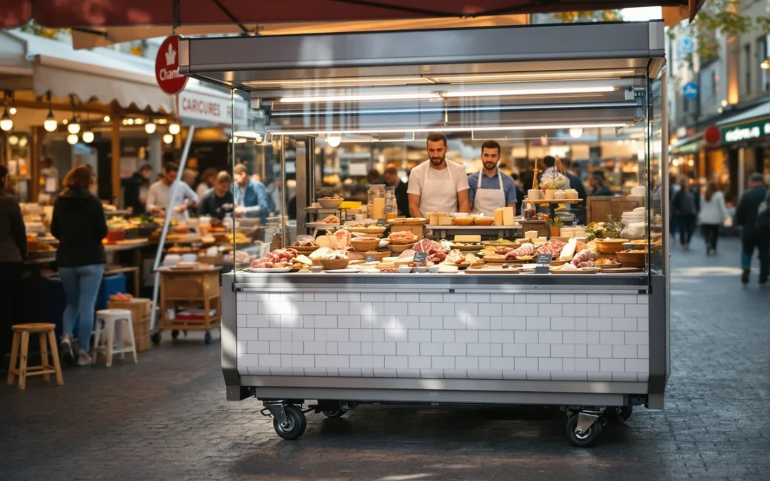 Etal refrigere sur marche : vitrine vendeur produits frais