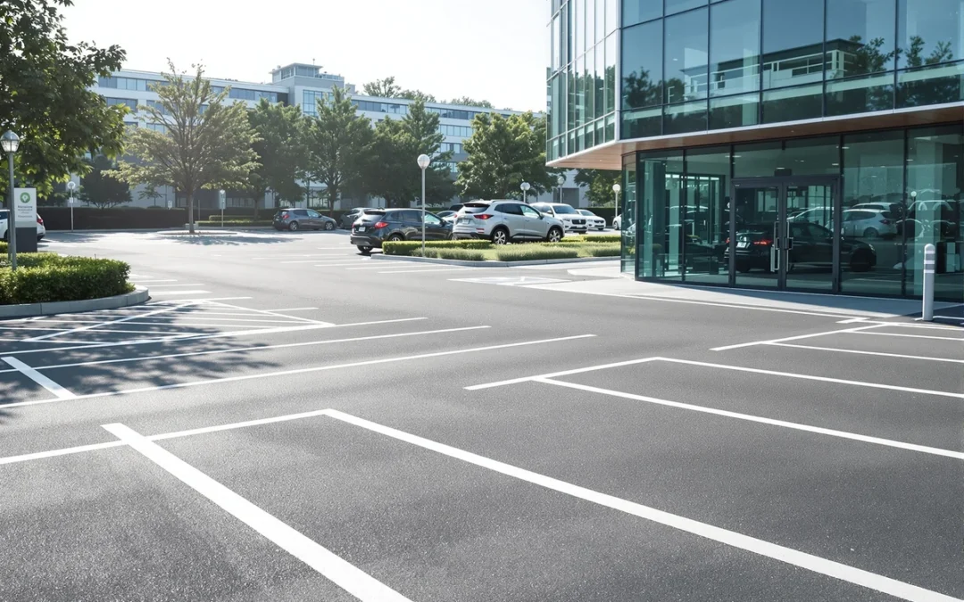 Parking d'entreprise avec marquage au sol et places réservées