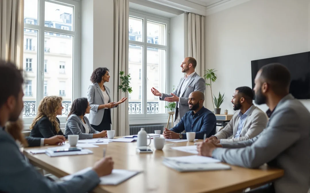 Séminaire d'entreprise dans une salle de réunion parisienne