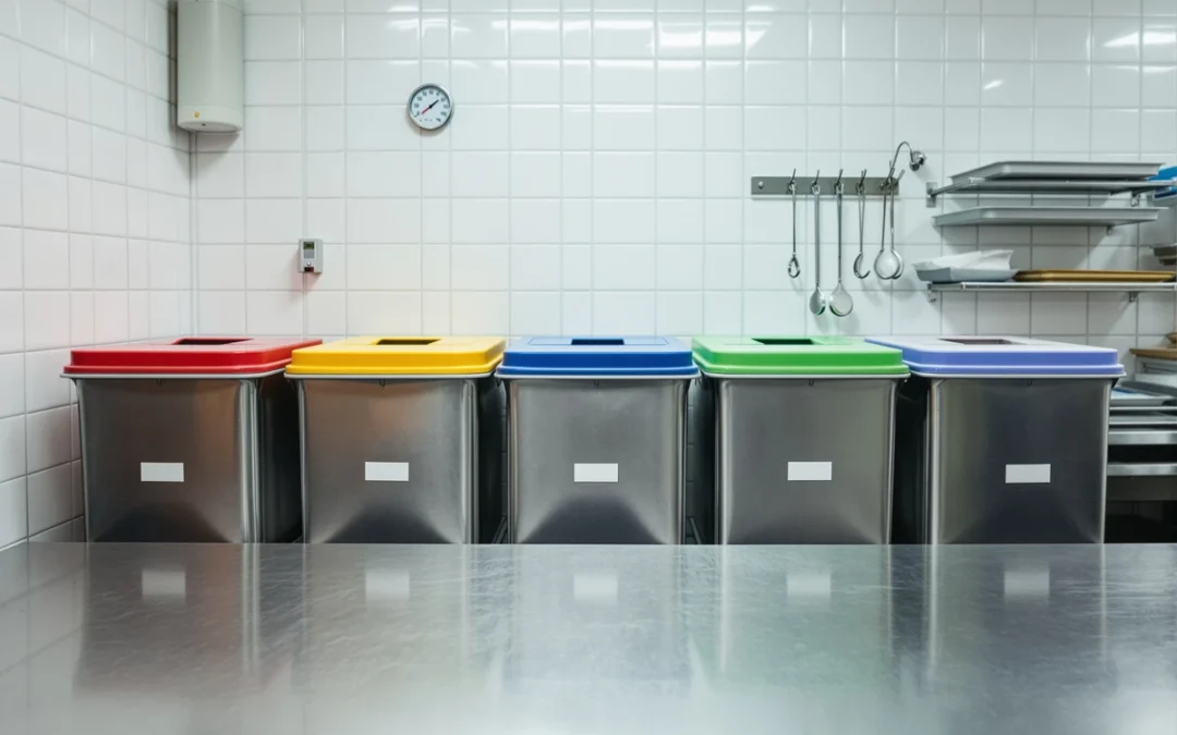 Bacs de collecte inox identifiés dans la réserve d'une boucherie professionnelle