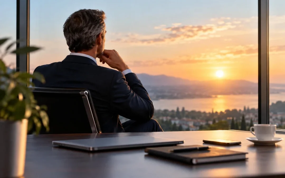 Dirigeant d'entreprise de dos, face à une baie vitrée au coucher du soleil