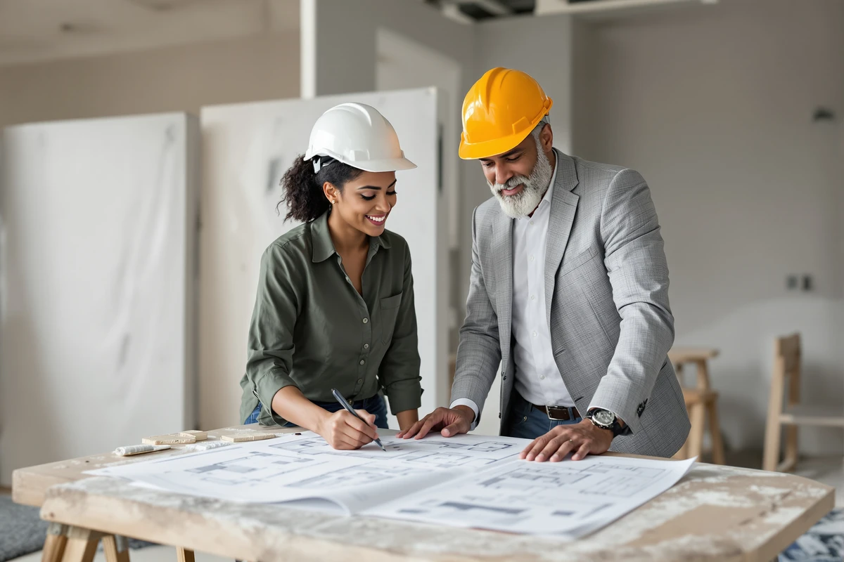 Deux responsables consultent des plans de réaménagement sur un chantier de bureaux