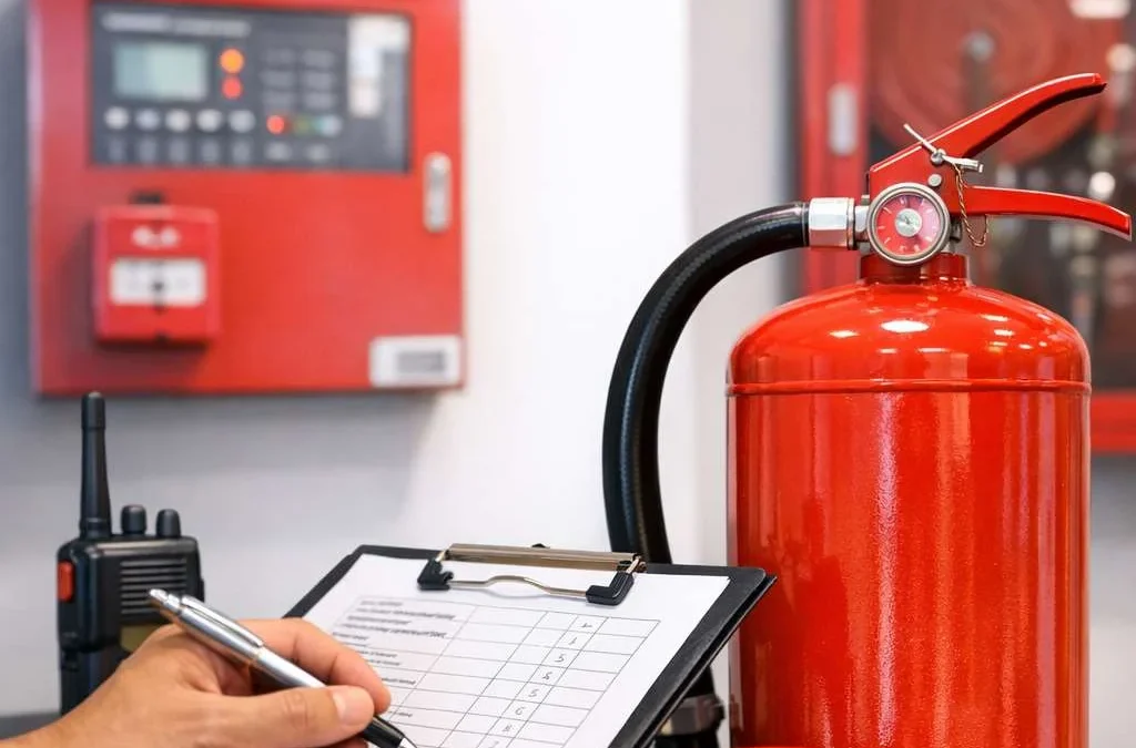 Contrôle d'un extincteur et d'un tableau de sécurité incendie avec une check-list